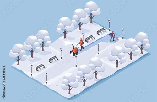 A snowy park with trees and benches, featuring workers removing snow. Vector illustration