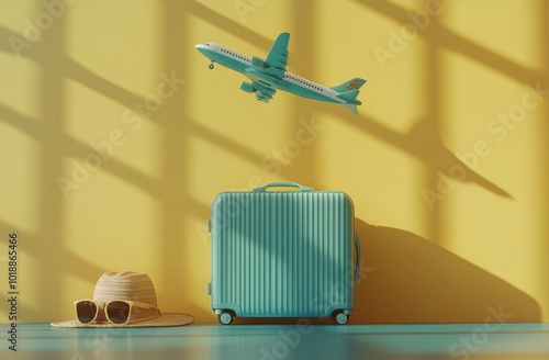 Travel essentials arranged beside a wall with a shadow, showcasing a suitcase...