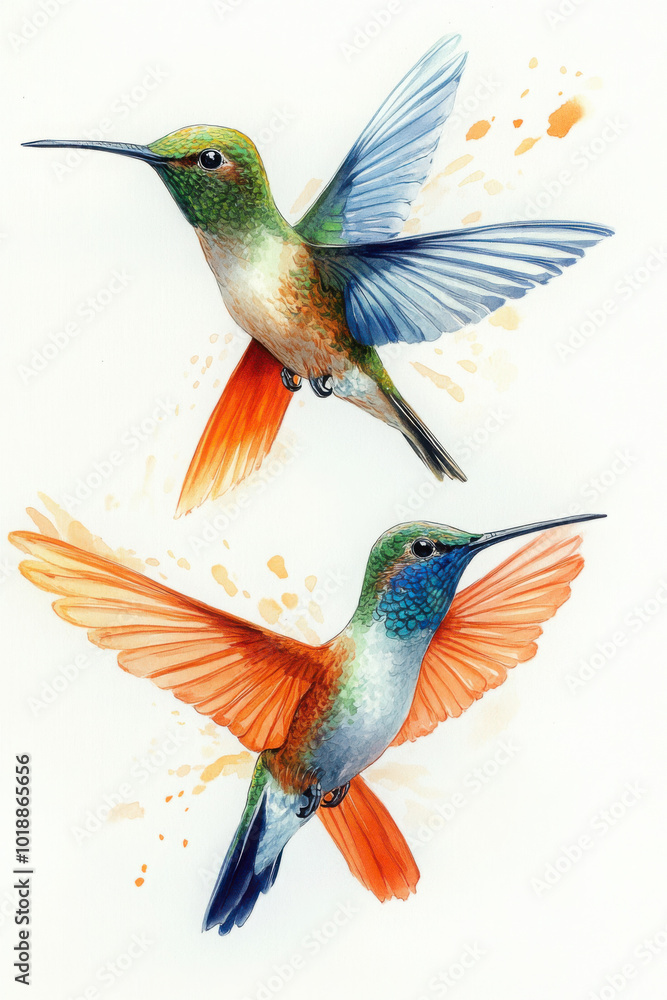 Fototapeta premium Hummingbird watercolor colorful birds illustration isolated white background. Summer clipart hand drawing tropical bird 