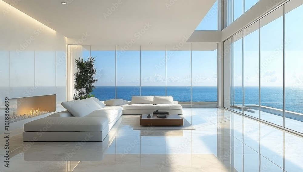 Fototapeta premium Luxury beach house living room, modern architecture, ocean front property landscape. Sleek contemporary designer furniture, minimalist deco interior, large window, panoramic coastal view background.