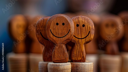 Wooden figurines with smiling faces, representing joy and friendship, create a warm and inviting atmosphere. photo