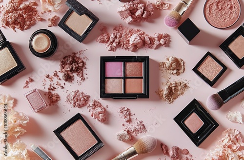 A collection of vibrant pink cosmetic products arranged on a soft pink backgr...