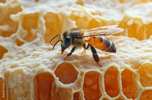 A close-up of a bee foraging on honeycomb in a sunny meadow during the daytime