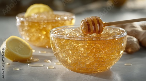 Freshly made honey with ginger and lemon served in bowls on a kitchen countertop
