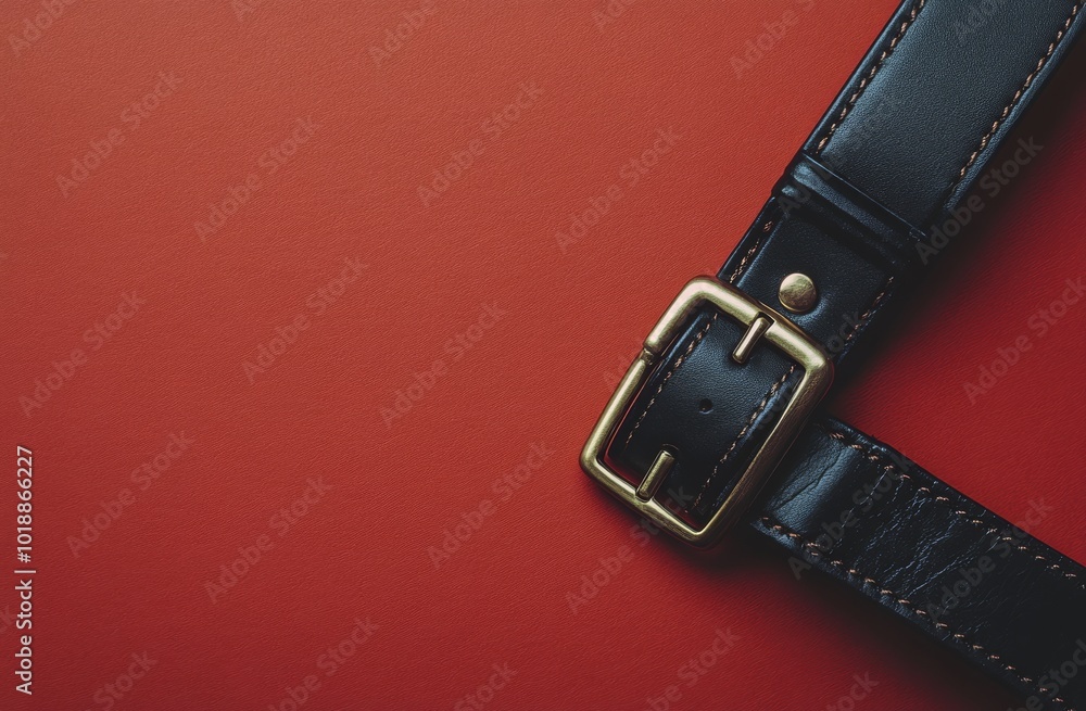 Black leather belt against a bright red background showcasing simple elegance and style Black leather belt against a bright red background showcasing simple elegance and style
