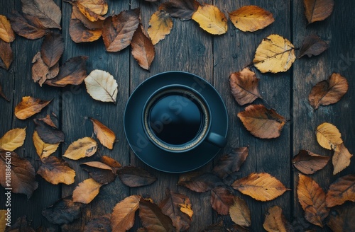 Coffee cup surrounded by autumn leaves on a rustic wooden table in the aftern...