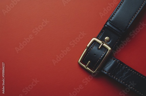 Black leather belt against a bright red background showcasing simple elegance...