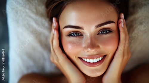 A joyful woman smiling brightly while relaxing on a colorful blanket indoors ...