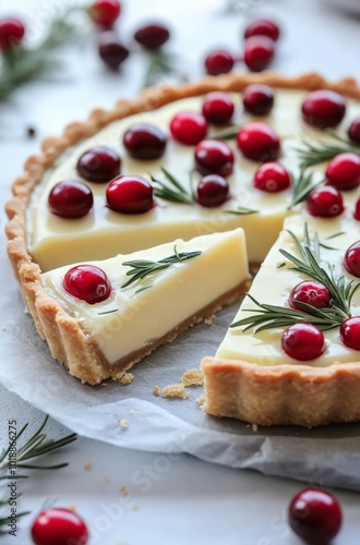 Delicious cranberry tart with creamy filling and fresh herbs served on a gray plate