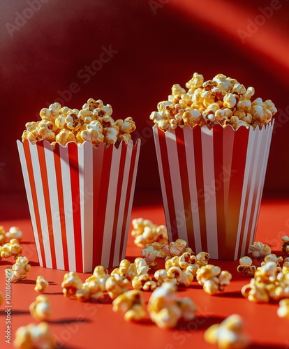 Warm, buttery popcorn spilling from striped containers on a vibrant red backg...