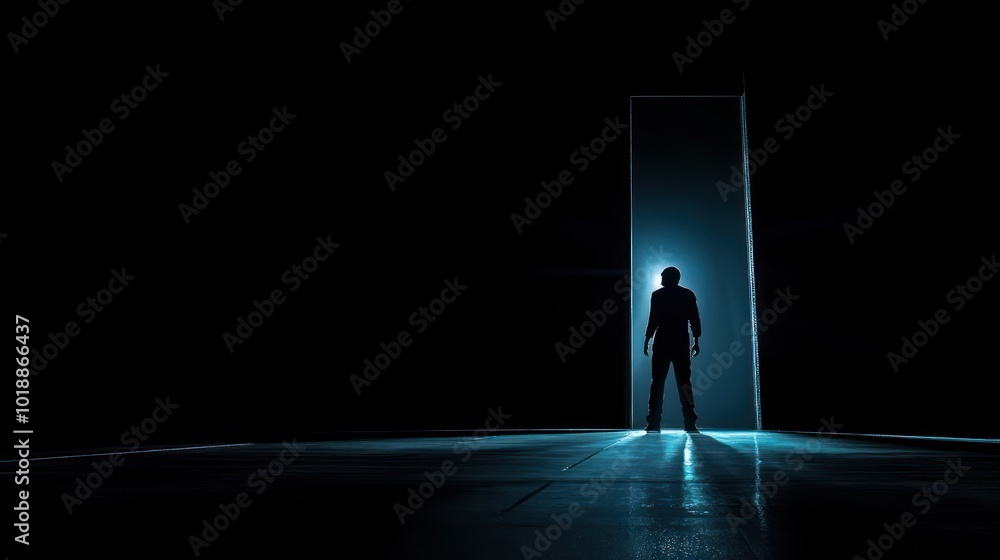 The silhouette of a businessman standing in the middle of a tall open door, with light streaming in from behind a black background, symbolizes hope and new beginnings. The silhouette of a businessman standing in the middle of a tall open door, with light streaming in from behind a black background, symbolizes hope and new beginnings.