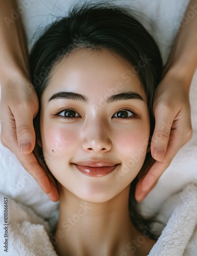 Relaxing facial treatment at a spa with a smiling woman receiving a massage