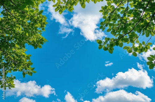 Bright blue sky and leafy branches create a serene atmosphere on a sunny day