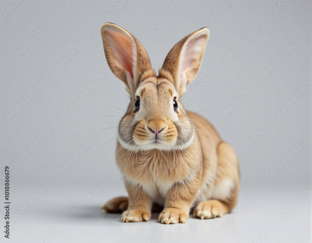 A cute rabbit sitting on a gray background, with its ears perked up and a curious expression on its face. A cute rabbit sitting on a gray background, with its ears perked up and a curious expression on its face.