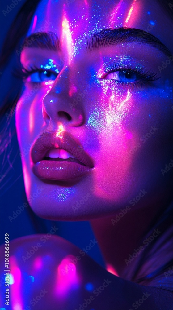 Close-up portrait of a woman's face illuminated by vibrant neon lights, with glittery makeup and intense blue eyes creating a mesmerizing, futuristic aesthetic. Close-up portrait of a woman's face illuminated by vibrant neon lights, with glittery makeup and intense blue eyes creating a mesmerizing, futuristic aesthetic.