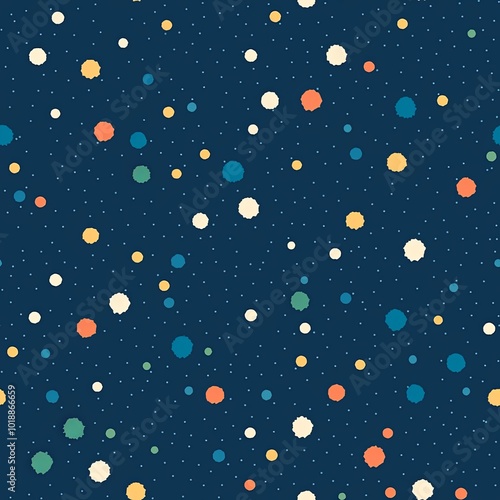 A vibrant pattern of colorful circles scattered on a dark blue background, resembling stars or abstract cosmic elements. Seamless pattern