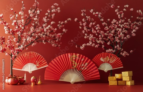 Celebration of spring with red fans and cherry blossom decor in a festive set...