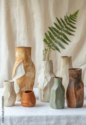 Elegant handcrafted vases with ferns on a soft background in natural lighting