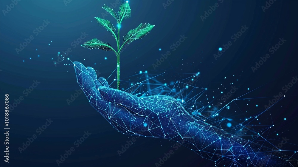 Digital hand nurturing a green sprout, symbolizing technological growth and environmental sustainability in a futuristic blue network landscape.