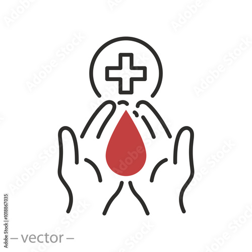blood donation icon, hands with blood drop, hemophilia concept, thin line web symbol - vector illustration
