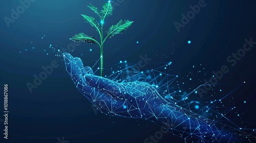 Obraz na płótnie Digital hand nurturing a green sprout, symbolizing technological growth and environmental sustainability in a futuristic blue network landscape. w salonie