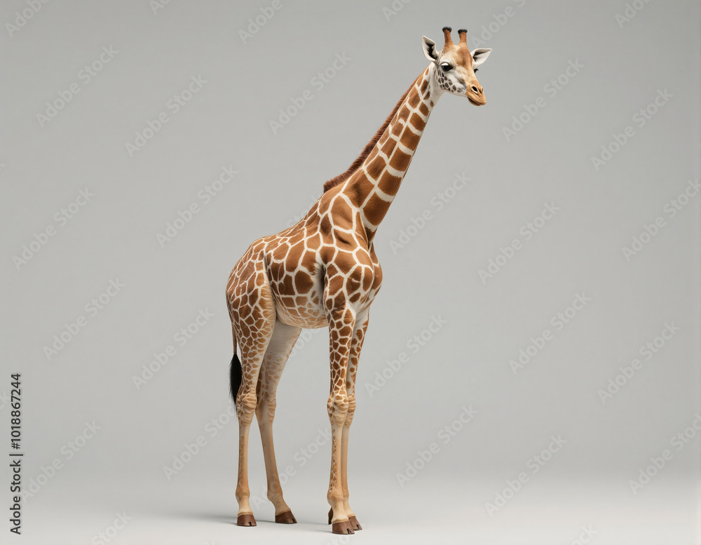 A graceful giraffe standing on a gray background, showcasing its long neck and distinctive spots. A graceful giraffe standing on a gray background, showcasing its long neck and distinctive spots.