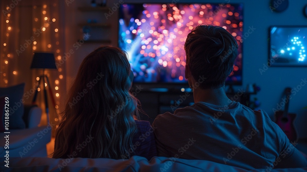 Cozy evening at home: couple snuggled on couch, watching vibrant fireworks display on TV. Soft fairy lights add warmth to the dimly lit, intimate living room. Cozy evening at home: couple snuggled on couch, watching vibrant fireworks display on TV. Soft fairy lights add warmth to the dimly lit, intimate living room.