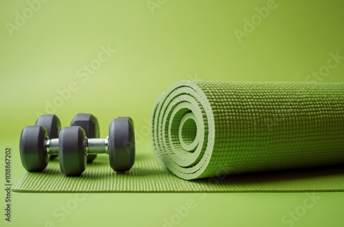Fitness equipment on a green mat in a home workout setting during the day