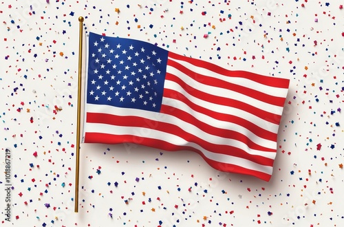 American flag draped with colorful confetti celebrating Independence Day
