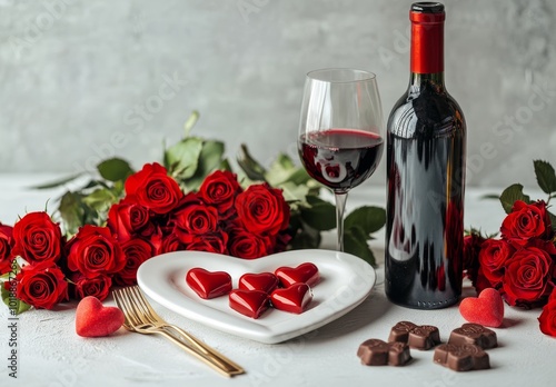Romantic heart-shaped dessert with chocolate and roses for a special evening ...