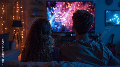 Cozy evening at home: couple snuggled on couch, watching vibrant fireworks display on TV. Soft fairy lights add warmth to the dimly lit, intimate living room.