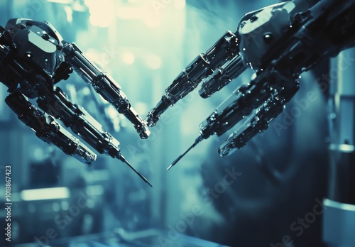 Robotic hands interact in a futuristic laboratory setting during a technology...