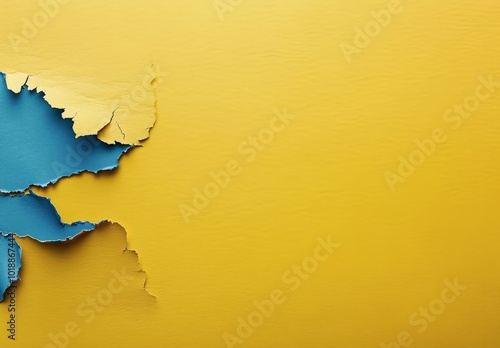 Torn yellow paper revealing a vibrant blue background with textured layers an...