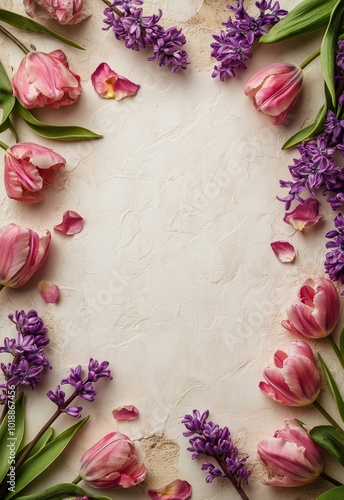Beautiful spring flowers arranged in a circular pattern on a light background