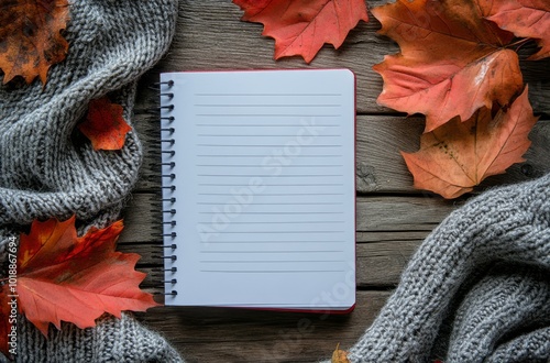 A cozy autumn setting with a blank notebook surrounded by colorful fallen lea...