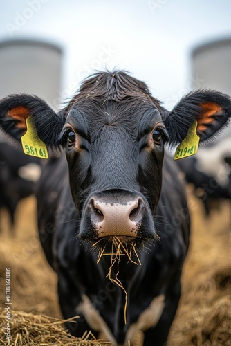 Close-up of a curious cow in a grassy field during overcast weather