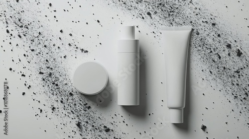 Minimalist display of skincare products on a textured surface with scattered ...