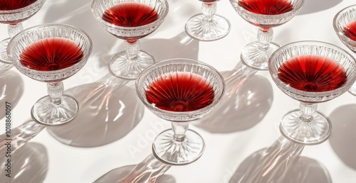 Colorful drinks filled with sparkling red liquid arranged neatly on a white t...