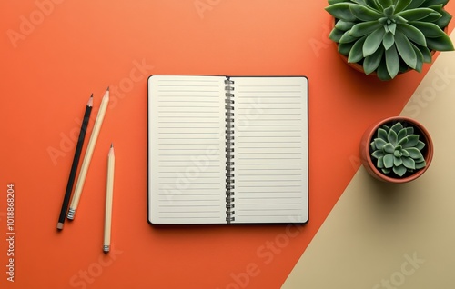 An empty notebook with pencils and a potted succulent on a colorful workspace