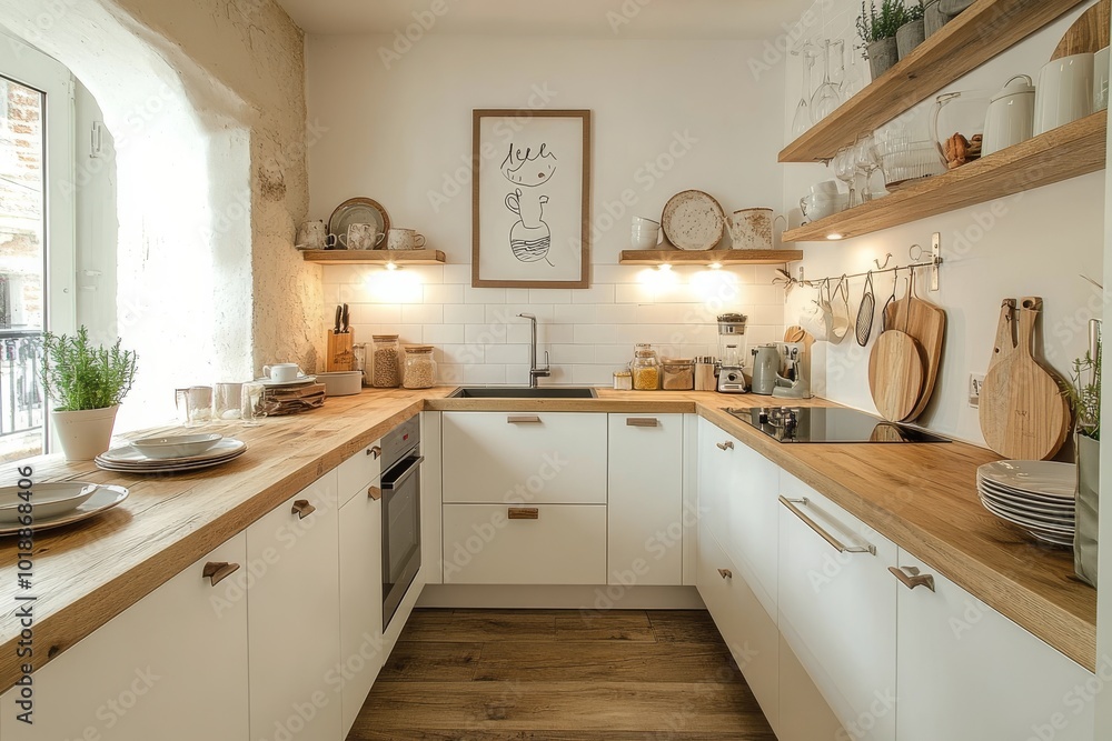 Fototapeta premium Modern kitchen with wooden countertops and minimalist decor in a cozy setting