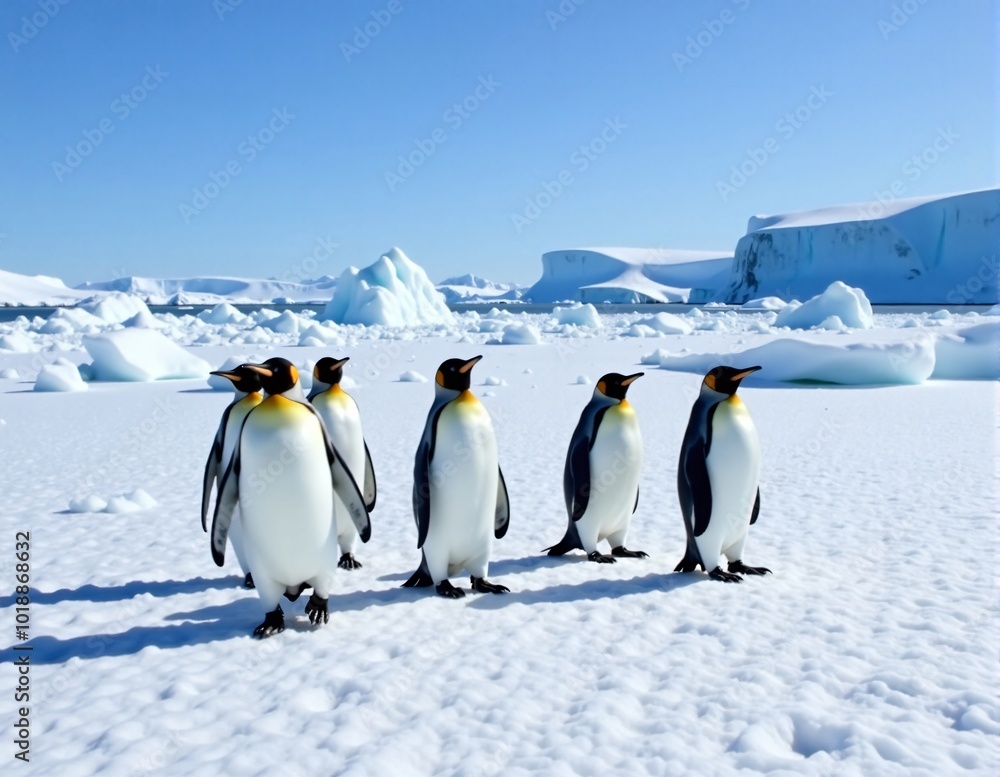 Obraz premium A group of penguins waddling on the icy shores of Antarctica, surrounded by snow and icebergs under a clear blue sky.