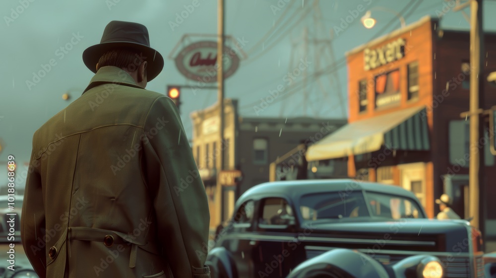 Fototapeta premium 1950s Retro Bank Heist Scene with Classic Cars and Vintage Attire for Nostalgic Design