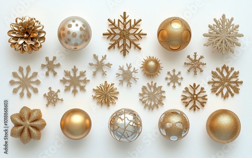 Elegant gold and white holiday decorations with ornaments and snowflakes on a...