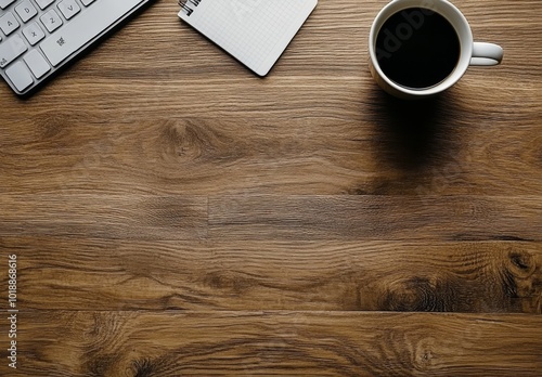 A cozy workspace with a cup of coffee, laptop, and notepad on a wooden table ...