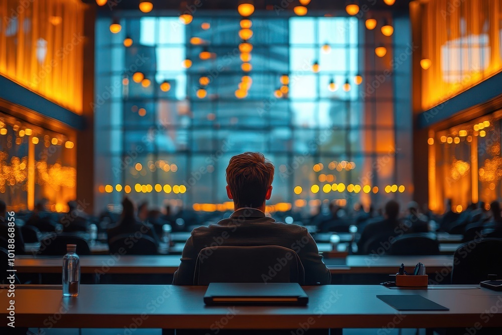 modern conference room with blurred attendees focus on empty podium ambient lighting corporate atmosphere expectant mood modern conference room with blurred attendees focus on empty podium ambient lighting corporate atmosphere expectant mood