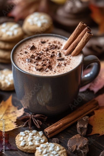 Warm coffee with cinnamon sticks and chocolate chips beside freshly baked coo...