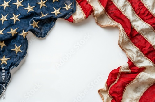 Worn American flag with faded colors displayed against a rustic background