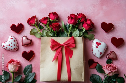 A romantic gift box adorned with red roses and hearts for a special occasion