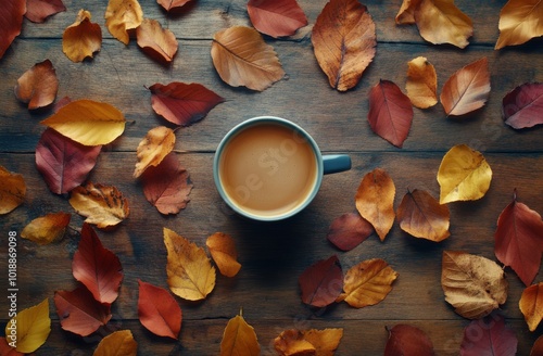 A cozy cup of coffee surrounded by autumn leaves on a wooden table in the aft...