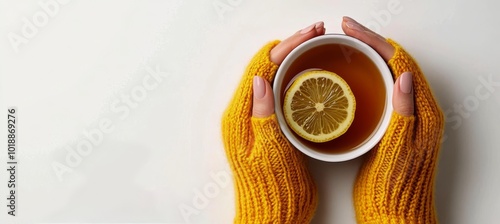 Warm hands holding a cozy cup of tea with lemon while wearing a knitted yello...